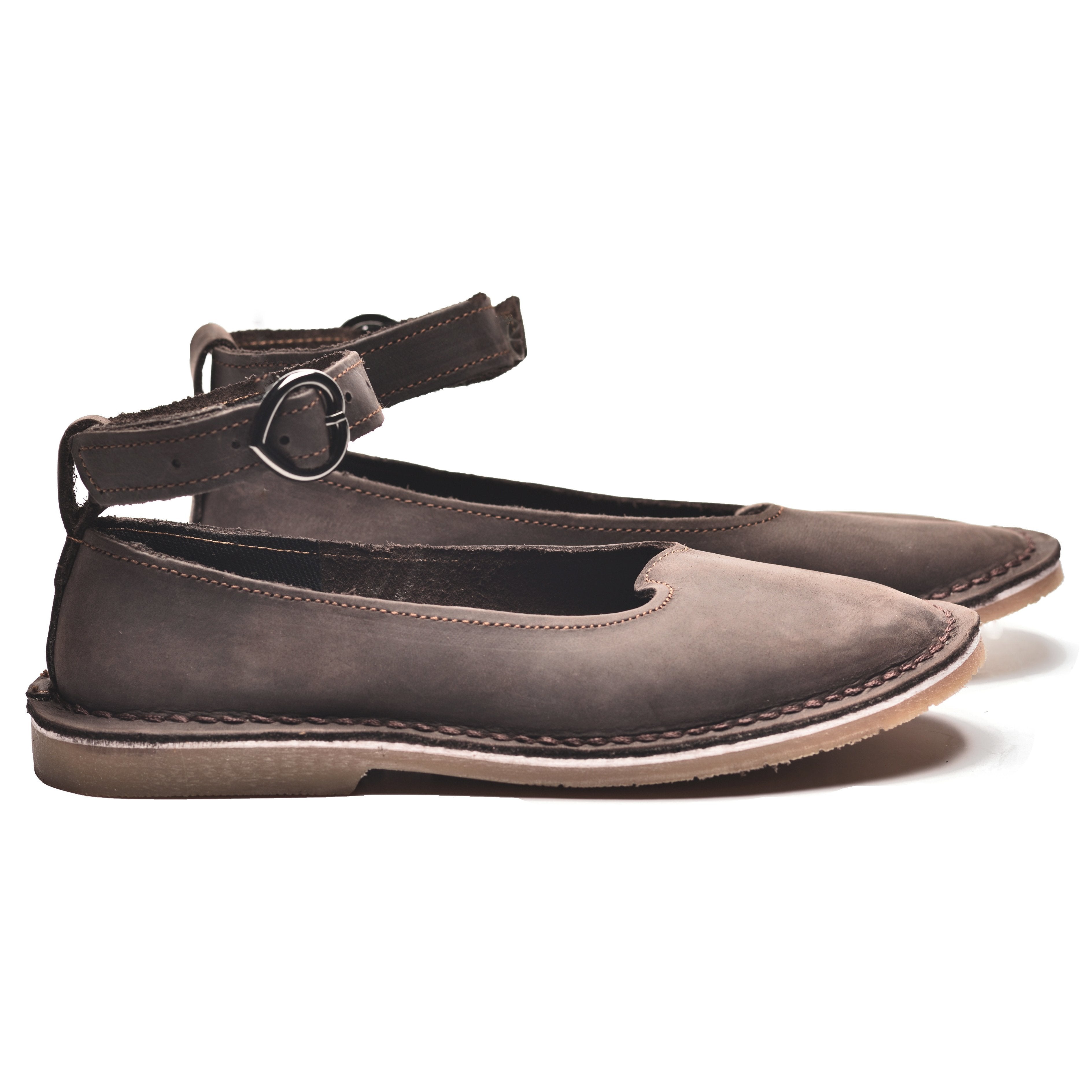Ankle Strap Leather Pumps - Dark Brown