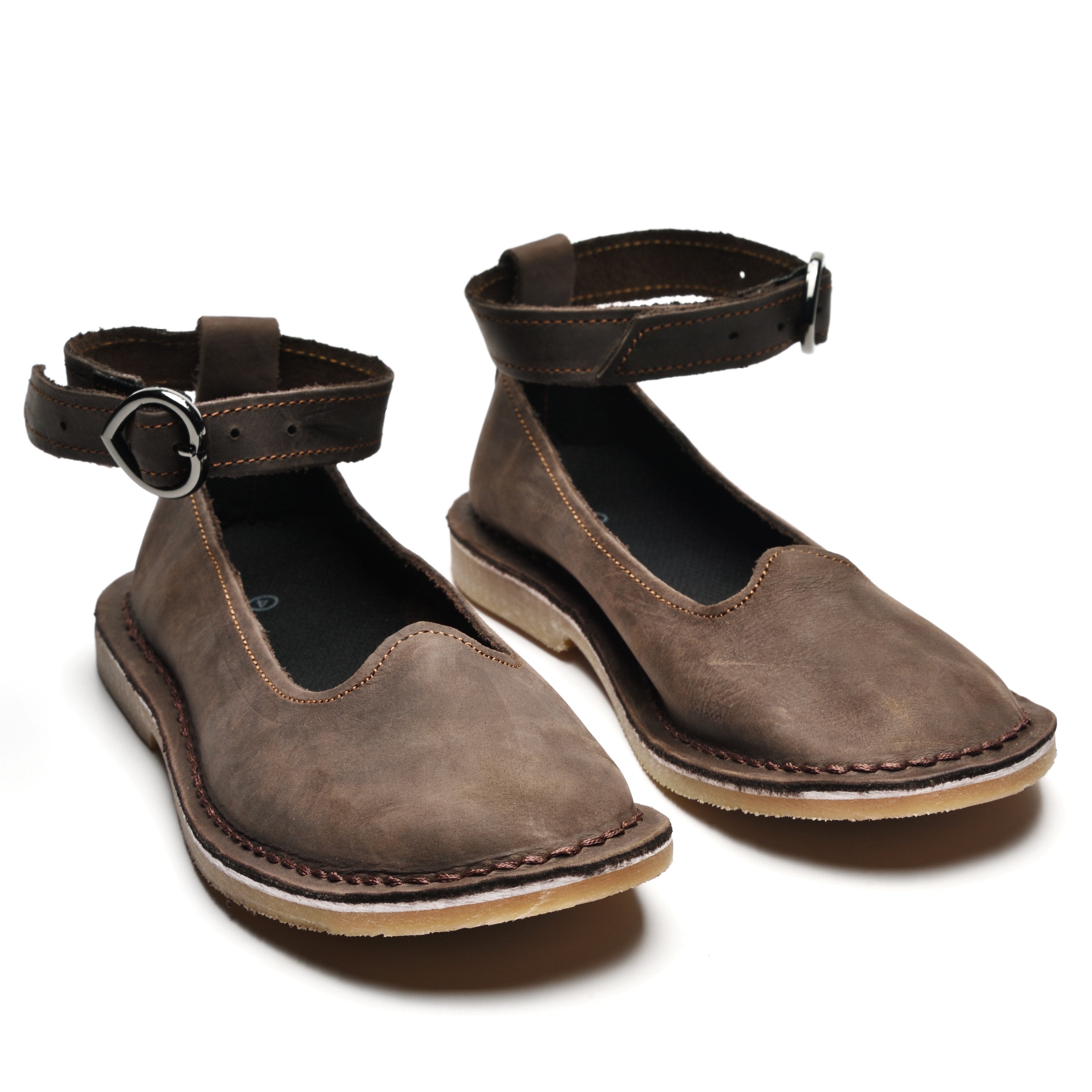Ankle Strap Leather Pumps - Dark Brown