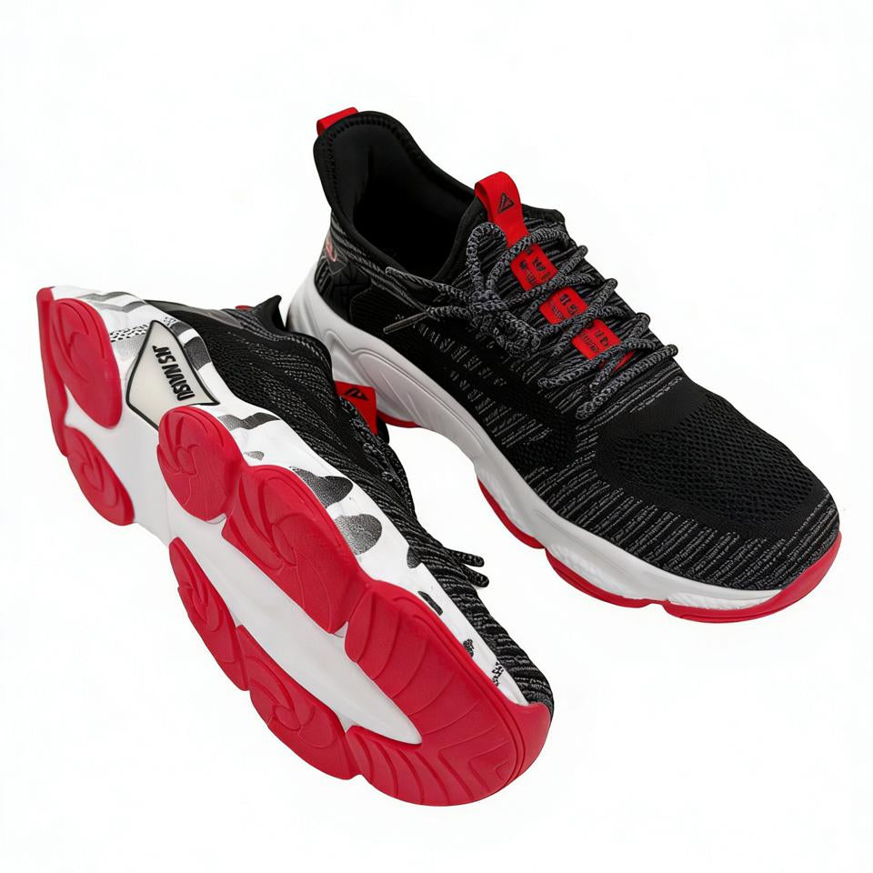 Black and red running shoes on a white background