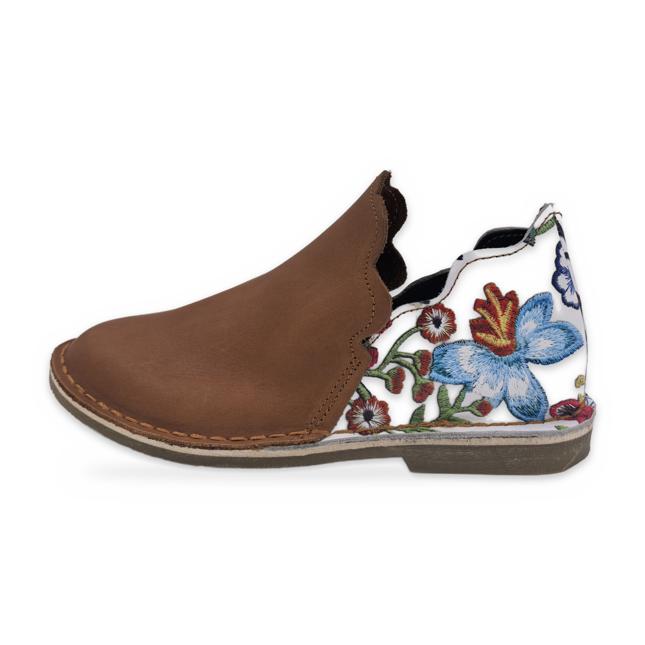 Print Heel Slip-On Vellies – Tan & Blue Floral