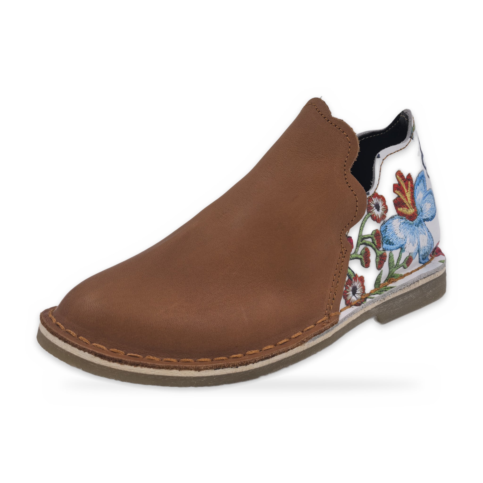 Print Heel Slip-On Vellies – Tan & Blue Floral