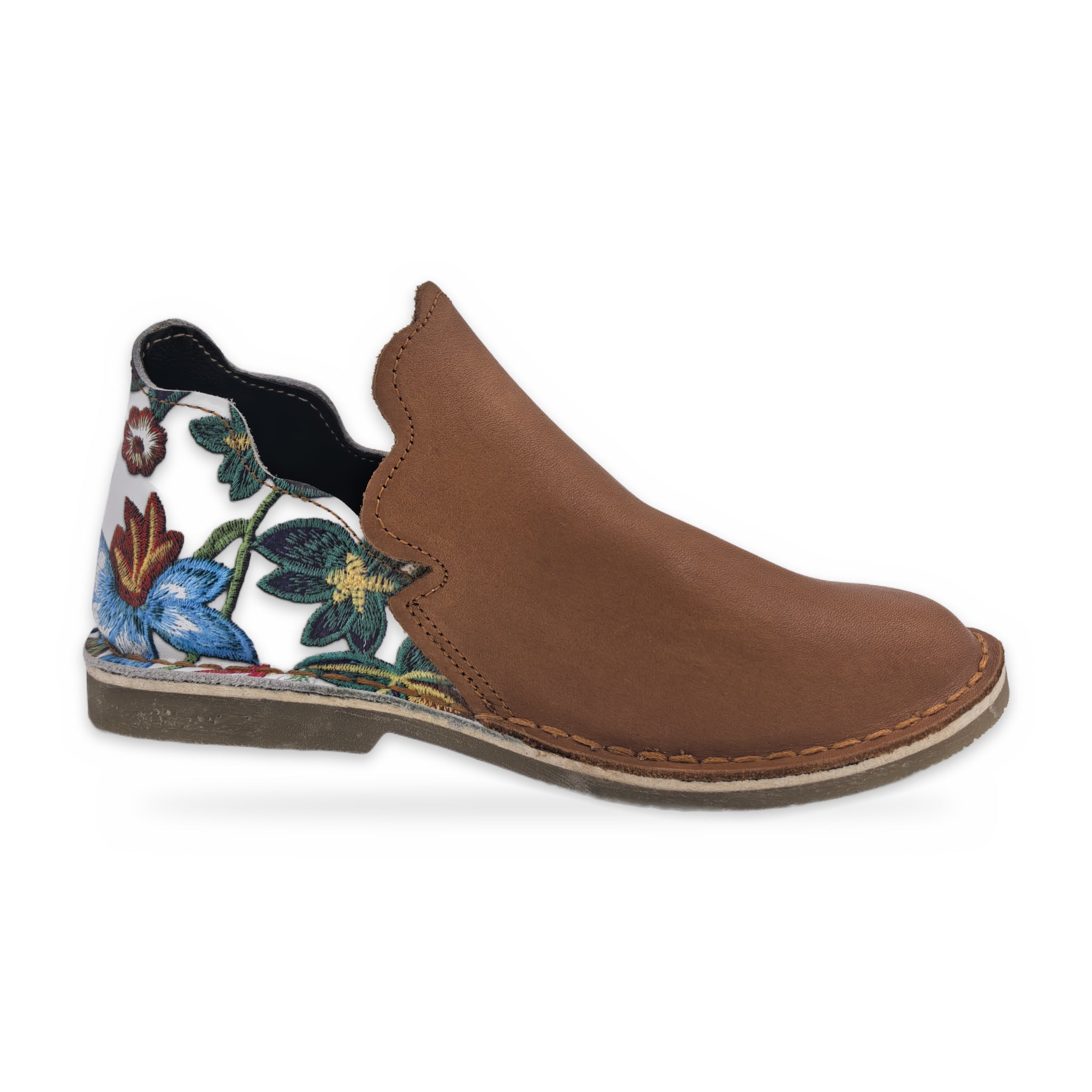 Print Heel Slip-On Vellies – Tan & Blue Floral