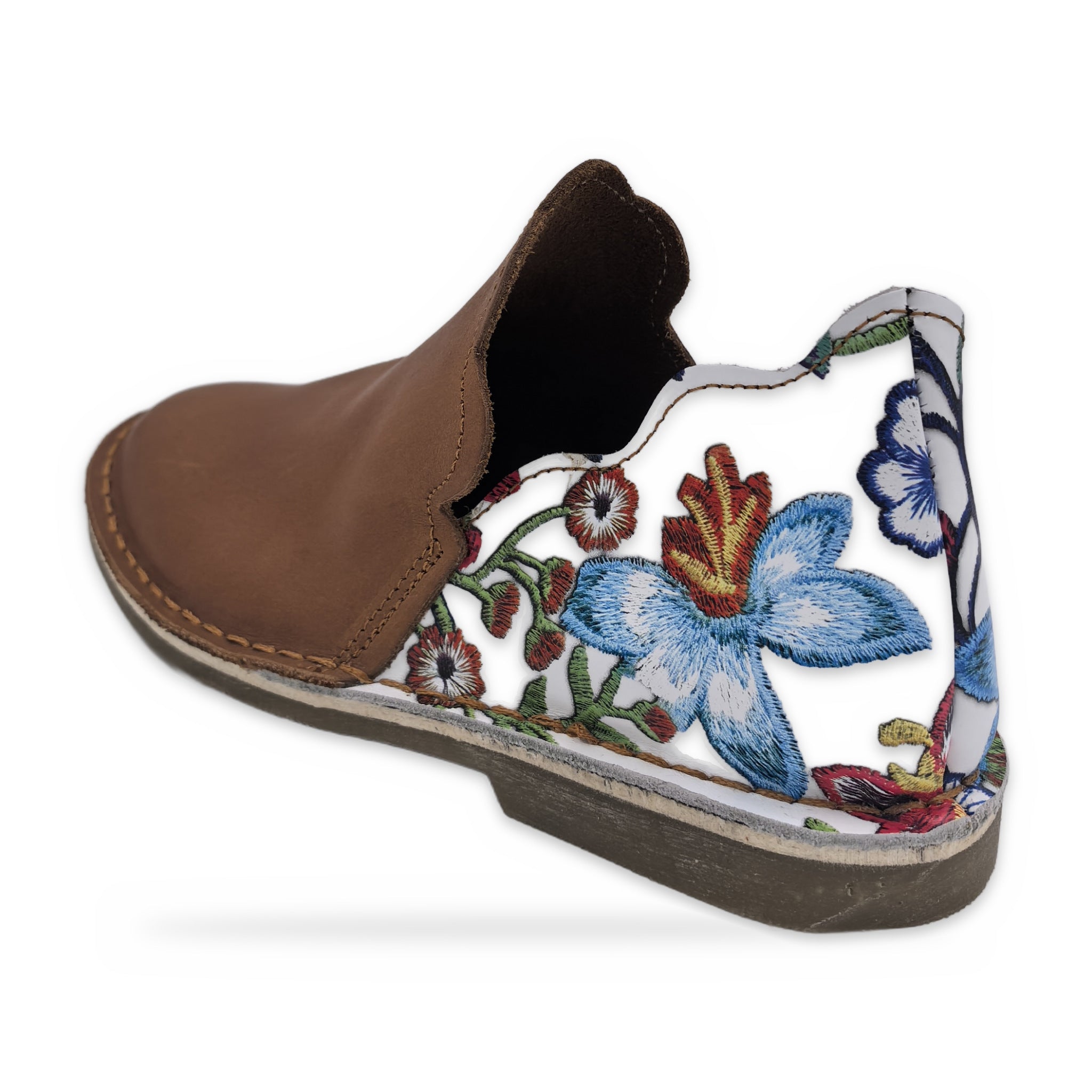 Print Heel Slip-On Vellies – Tan & Blue Floral