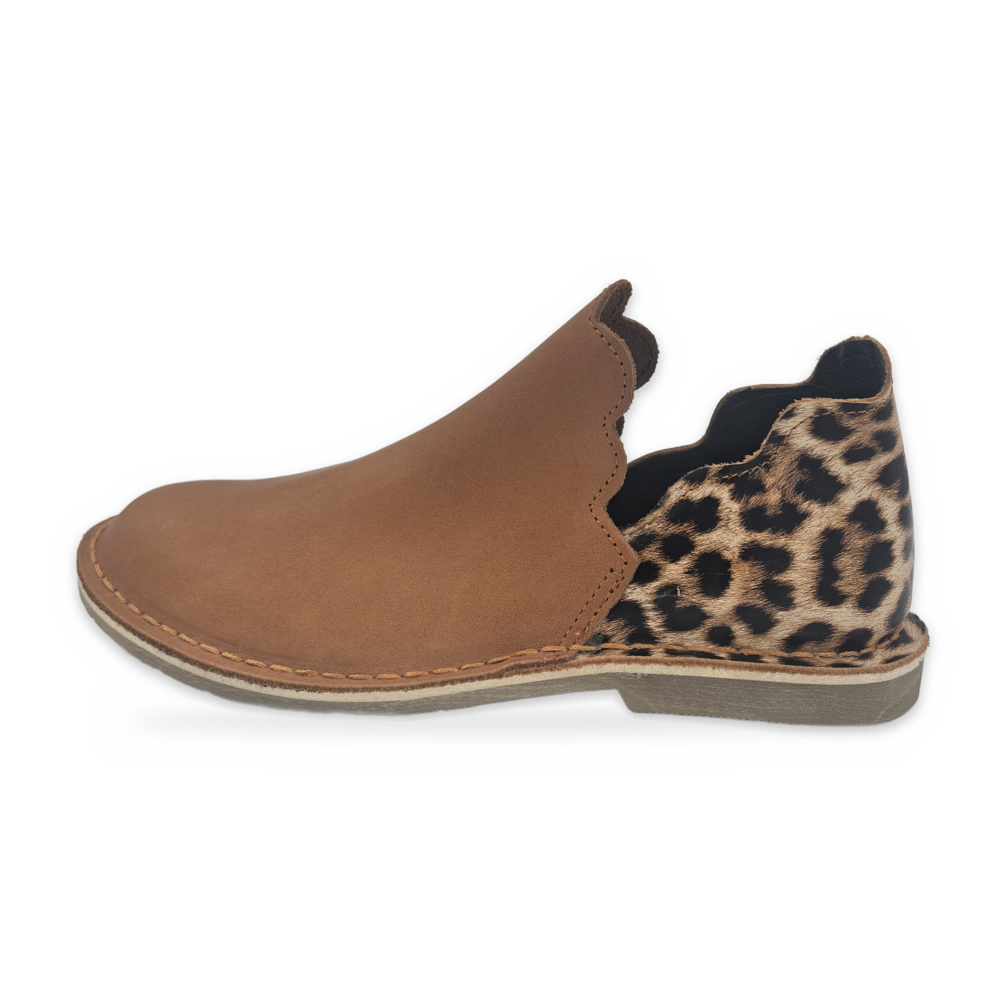 Print Heel Slip-On Vellies – Tan & Leopard