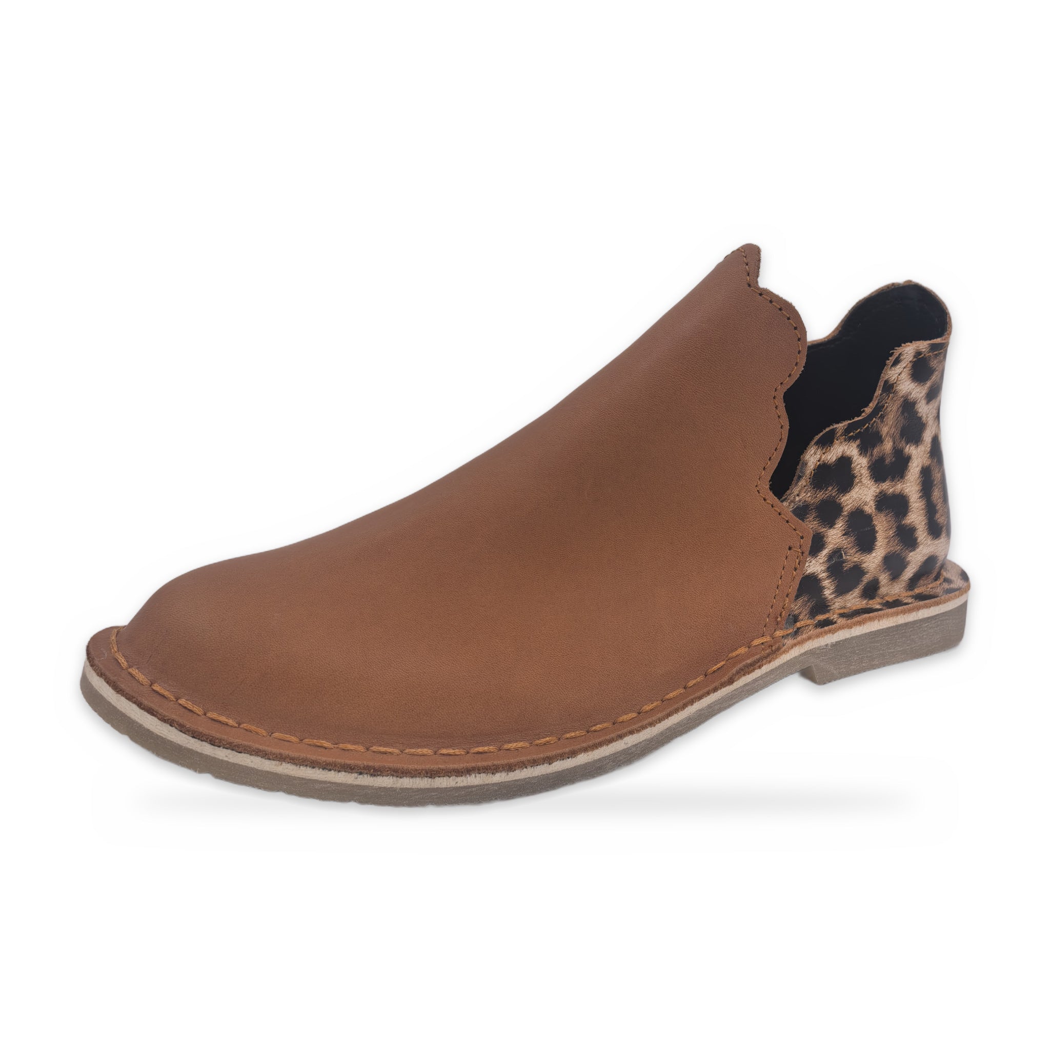 Print Heel Slip-On Vellies – Tan & Leopard