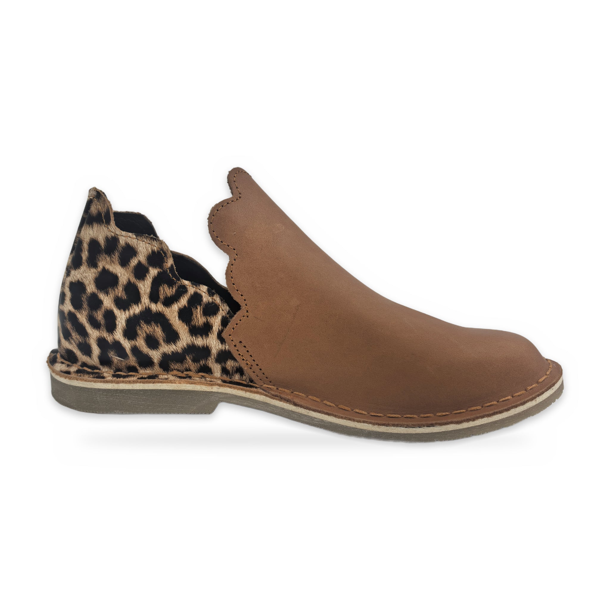 Print Heel Slip-On Vellies – Tan & Leopard